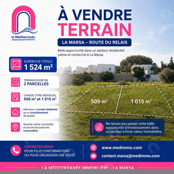 À VENDRE Terrain de 1 524 m² à La Marsa  Route du Relais